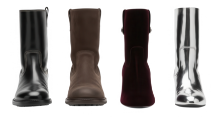 Four pairs of womens boots in various styles isolated on transparent background