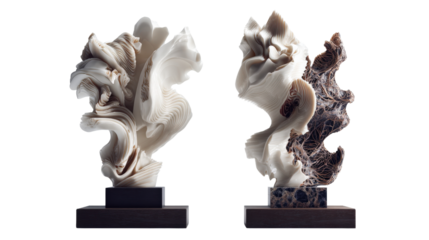 Abstract Sculpture Art: Bold abstract sculptures with dynamic forms and intricate detailing, isolated on a Transparent background, PNG file.