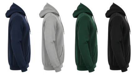 Four different colored hooded sweatshirts displayed in profile isolated on transparent background