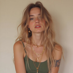 Blonde woman wearing layered gold necklaces and green tank top against a neutral background