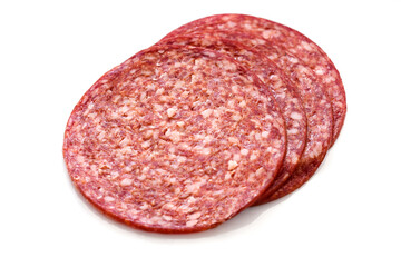 Salami smoked sausage slices on white.