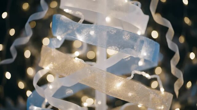 decorative ribbon wrapped around tree trunk with string lights in background