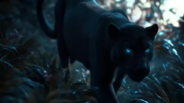 Black panther stalking through dense foliage with glowing eyes