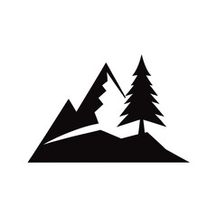 Obraz premium Minimal mountain and pine tree silhouette vector with white background for nature landscape and outdoor adventure design