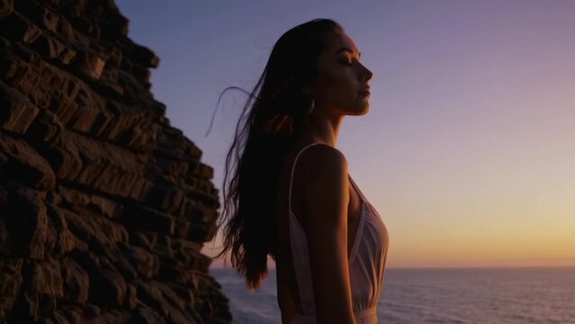 Young woman watching sunrise alone, cinematic reflective tone.
