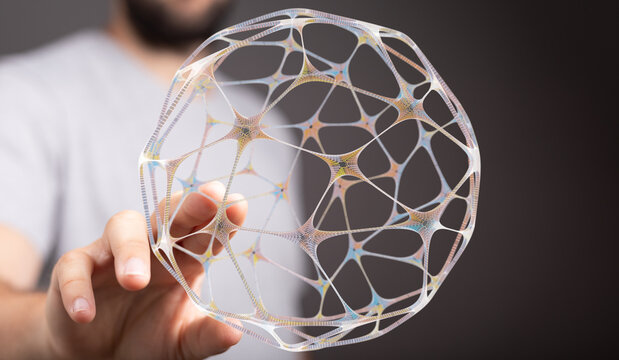 Person holding a digital network globe, representing concepts like connection, technology, innovation, and global communication. - Powered by Adobe