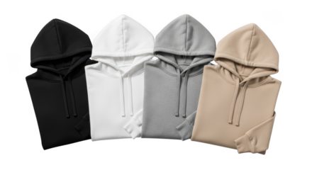 Four folded hoodies in black, white, grey, and beige isolated on transparent background