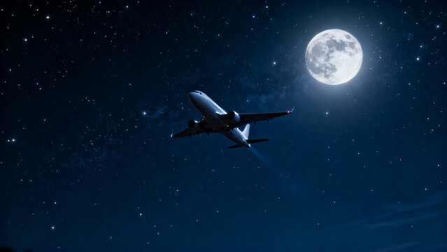 Airplane flying at night with full moon