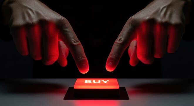 urgent decision to purchase triggered by bold red buy button and hands about to press it creating a decisive commerce moment with digital market vibe