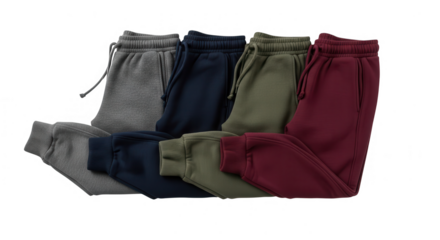 Four pairs of sweatpants in various colors isolated on transparent background