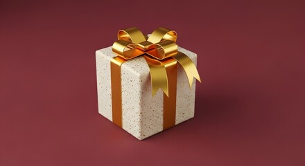 Elegant gift box with a luxurious golden ribbon bow on a rich, festive red background