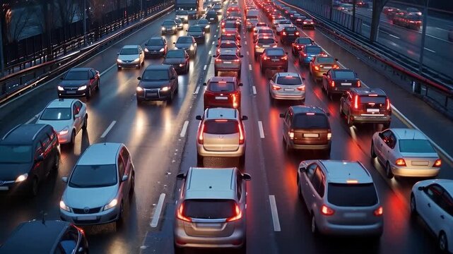 The congested motorway with endless streams of cars highlights the problem of urban traffic jams and the environmental crisis, providing a realistic backdrop for presentations on urbanisation and tran