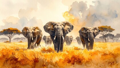 Herd of elephants walking across African savanna under warm sunlight, symbolizing strength, unity, and wildlife conservation awareness