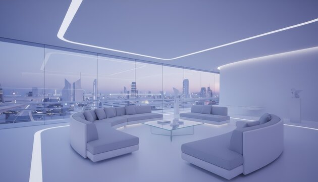 Futuristic minimalist living room with panoramic city view symbolizing innovation, digital luxury lifestyle, and architectural advancement in modern smart cities