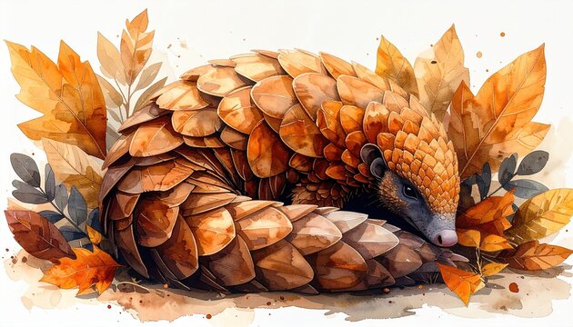 Pangolin curled among autumn leaves, highlighting wildlife protection, unique nature textures and environmental conservation awareness