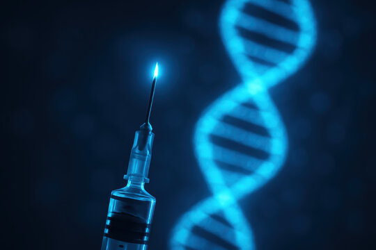 Dynamic shot a syringe with a glowing needle beside a luminous double helix symbolizing medical research and genetic science in focus and motion