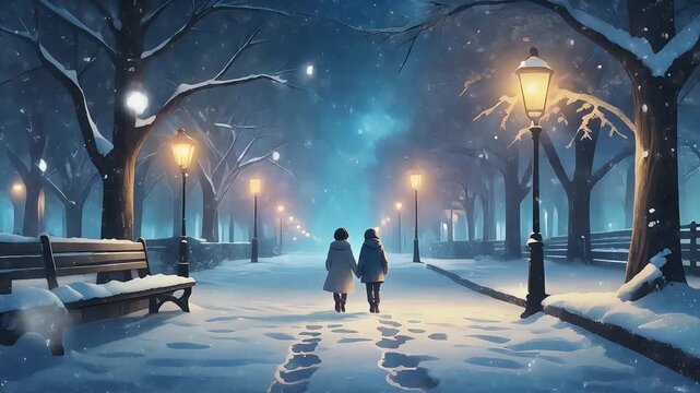 Romantic Winter Walk in a Snow-Covered Park at Night with Glowing Lanterns. 4K seamless loop wallpaper for stream overlays, relaxation visuals. Lo-fi. Lofi.