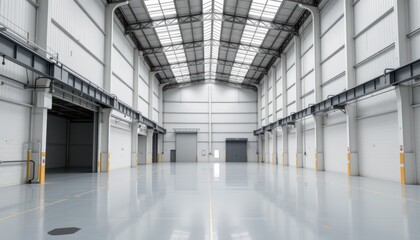 Spacious industrial warehouse with high ceilings and polished concrete floor.