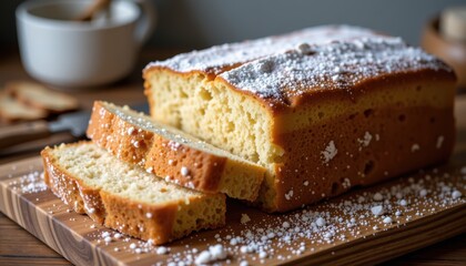 Freshly baked loaf of bread dusted with powdered sugar on a wooden board.