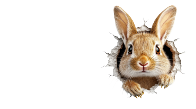 Rabbit peeking through torn paper on Transparent Background