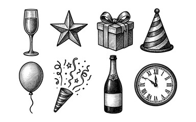 Vintage celebration elements: hand-drawn party icons for festive occasions