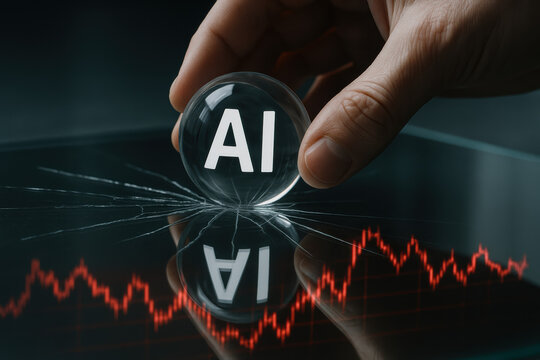 Abstract concept artificial intelligence with data trend visualization and glass sphere reflecting the term AI overlaying a dynamic market graph to imply risk and insight
