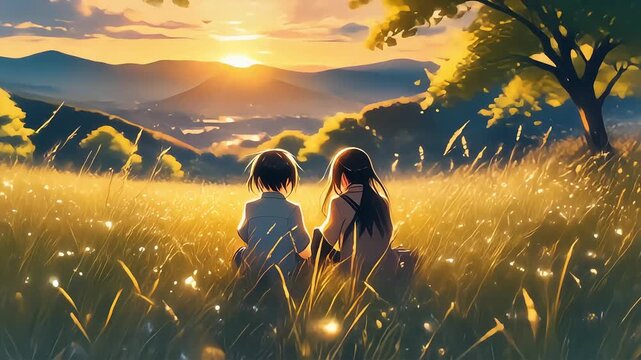 Two friends watching the sunset in a beautiful golden field, anime style. 4K seamless loop wallpaper for stream overlays, relaxation visuals. Lo-fi. Lofi.
