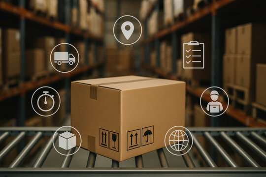 Organized warehouse scene with a brown cardboard on a conveyor and logistics icons hovering above indicating shipment tracking delivery and storage management - Powered by Adobe
