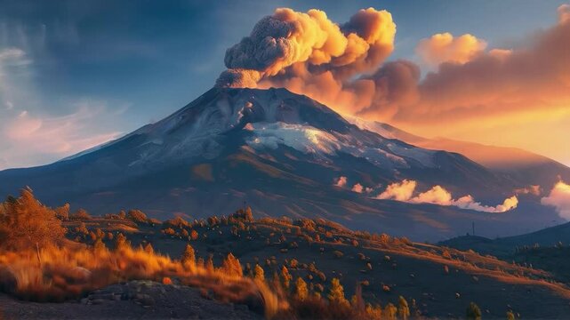 A powerful volcanic eruption against the backdrop of sunset symbolises the destructive force of nature and the consequences of climate change, reminding us of the need to monitor natural disasters. It
