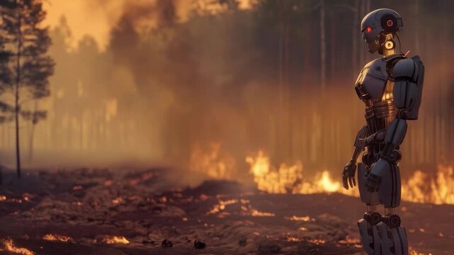 The robot stands amid a raging forest fire, illustrating the technological challenges in combating the climate crisis and the importance of innovation in saving the planet, providing a dramatic backdr