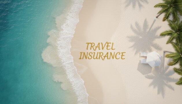 Top view of tropical beach with turquoise waves and travel insurance text written on sand, symbolizing vacation safety, relaxation, and the importance of responsible travel planning