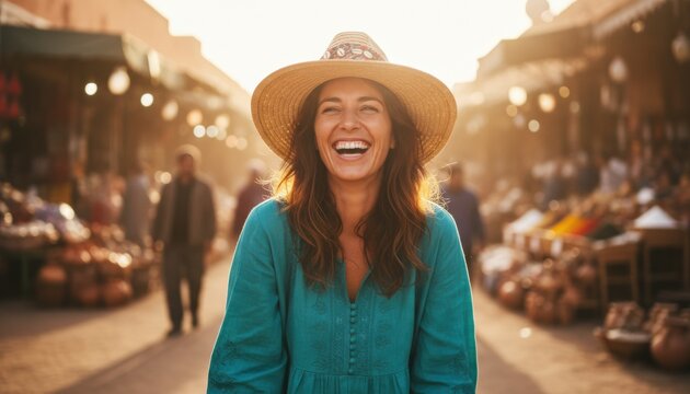 Smiling traveler in Moroccan market radiates joy freedom and authenticity capturing golden light and spirit of adventure