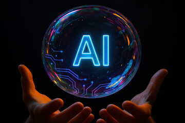 Abstract concept artificial intelligence with glowing AI inside a glass sphere held by hands neon circuit lines futuristic tech mood dark background digital glow high contrast