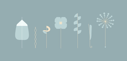 Spring colorful flower elements collection drawing with light color on blue background