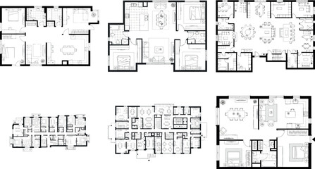 Set of six detailed architectural floor plans illustrating interior room arrangements © SampaRani