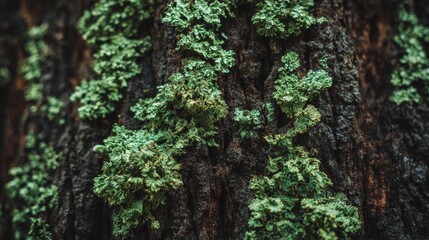 Obraz premium Close-up view of green lichen growing on dark textured tree bark, showing natural organic pattern, earthy surface details, forest environment, resilience, biology and quiet woodland life
