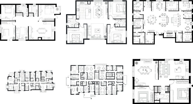 Set of six detailed architectural floor plans illustrating interior room arrangements