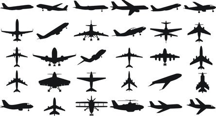 Aircraft silhouettes, airplane icons, aviation shapes, helicopter outlines, jet profiles, vintage planes, military aircraft, commercial jets, black vector set
