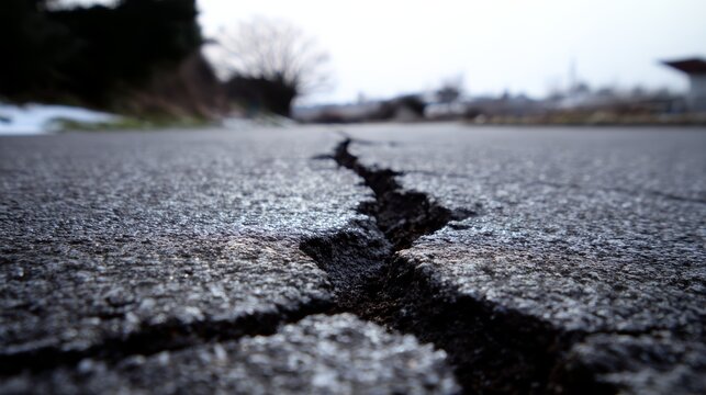 Cracked asphalt road with broken surface, dry damaged texture, rough urban pavement and distressed cracks, symbol of decay, destruction, old infrastructure, climate impact and industrial environment