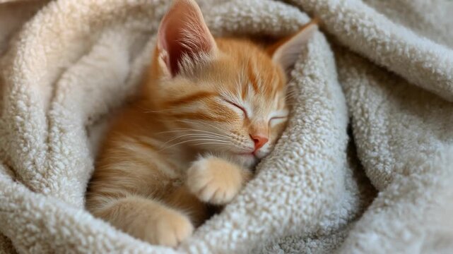 Warm orange tabby kitten sleeping nestled in a soft blanket peaceful and cozy heartwarming pet scene gentle fabric texture relaxed posture serene facial expression fur pattern and