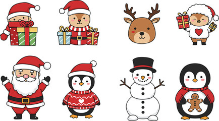 Christmas cartoon characters, Santa Claus, reindeer, penguin, snowman, holiday gifts, festive icons, cute animals, winter joy, seasonal celebration, cheerful design