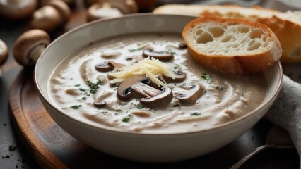 Creamy mushroom soup with bread and cheese