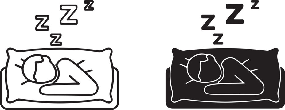 Two simple graphic icons representing sleep, one in outline and one in solid black, both showing a person sleeping on a pillow with zs floating above