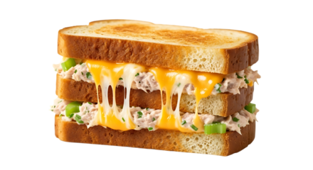 A delicious triple-decker tuna melt sandwich with melted cheddar cheese oozing out.