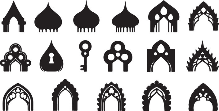 Collection of black gothic architectural elements and decorative shapes isolated on white background