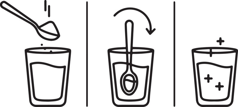 Three step icon showing how to dissolve powder in water with a spoon, isolated on white background