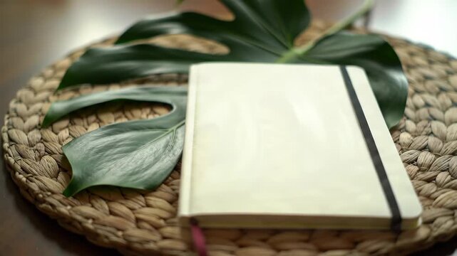 Blank notebook resting on a woven mat with green leaf in background for design or journaling