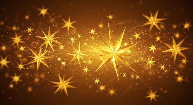 An explosion of radiant golden stars and glowing light specks, creating a dynamic and dazzling display against a deep, warm brown backdrop