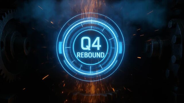Bright circular digital gauge displaying Q4 rebound with glowing blue neon ring and sparks flying outward suggesting growth momentum performance rise and industrial energy