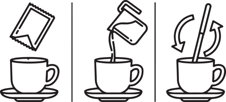 Line art icons showing steps to prepare a beverage adding a packet to a cup, pouring liquid into the cup, and stirring with a stick, isolated on white background